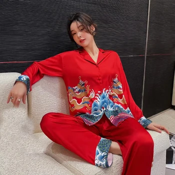 Пижама с принтом в китайском стиле, Модный Кардиган с отворотом и длинными рукавами, Длинные брюки, Пижамный костюм, Женская атласная Домашняя одежда, Одежда для сна