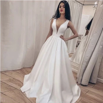 Элегантное атласное свадебное платье с глубоким V-образным вырезом Robe Mariee, длинное платье для будущей невесты, Vestido De Novia