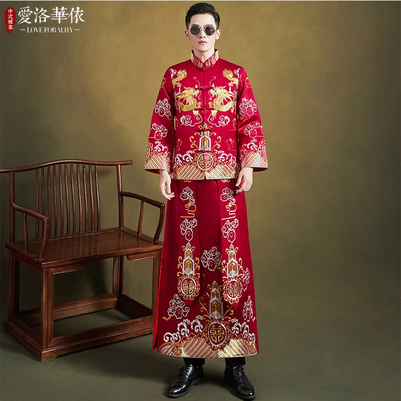 Мужской костюм в китайском стиле, Винтажный длинный халат с вышивкой дракона, свадебный жених, Восточный Ципао, одежда для тостов . ' - ' . 0