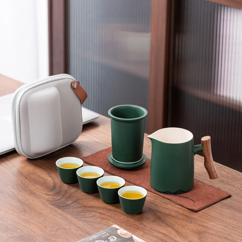 Чайный набор для путешествий - Экспресс-чашка, 1 Горшок, 4 чашки - Китай-Шикарный Портативный Уличный высококачественный керамический чайник с деревянной ручкой . ' - ' . 0