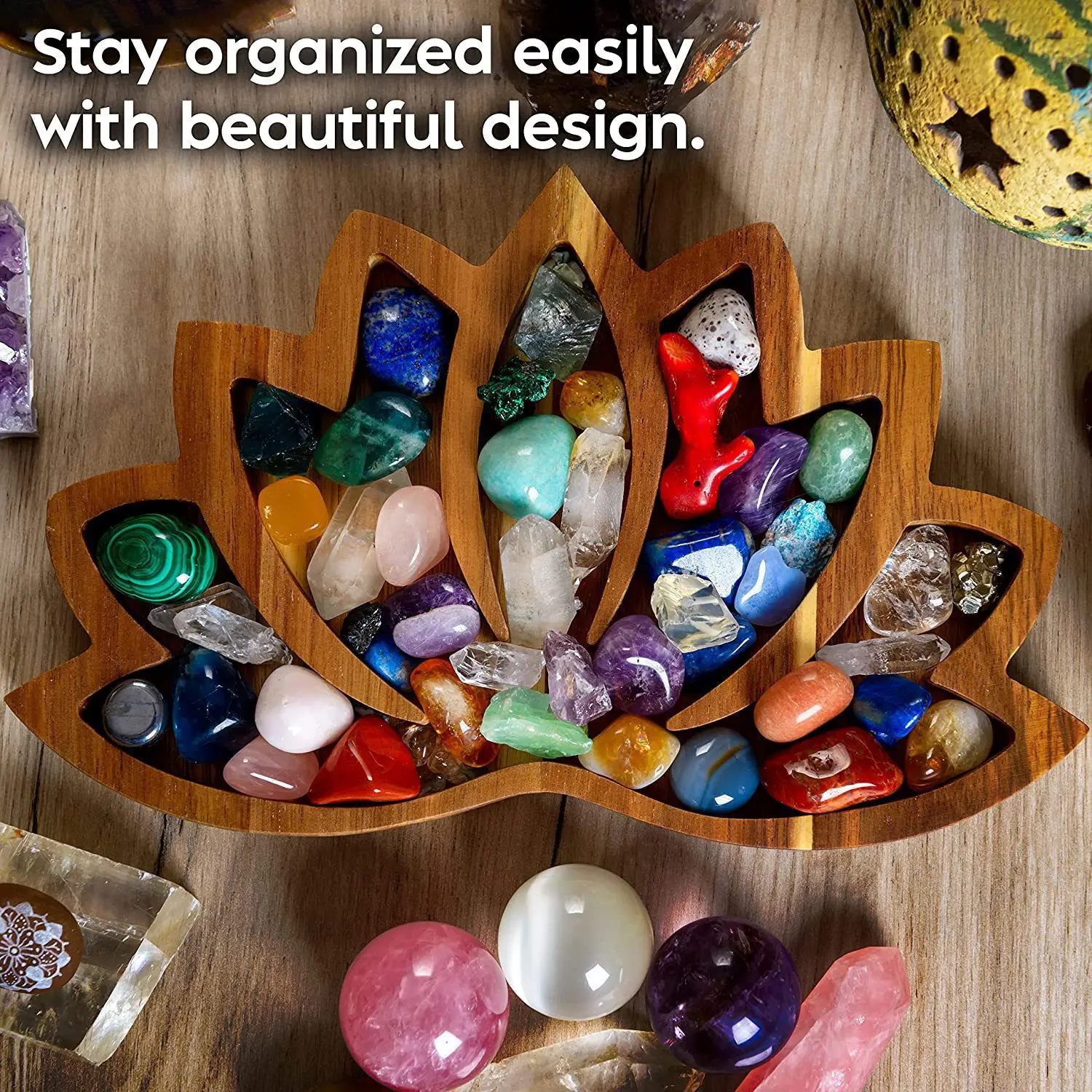 Изысканный деревянный поднос в форме лотоса для камней, демонстрирующий ваши кристаллы, камни или держатель для конфет-кристаллов для демонстрации подарков . ' - ' . 1