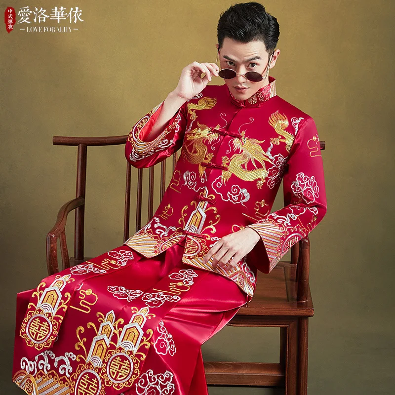 Мужской костюм в китайском стиле, Винтажный длинный халат с вышивкой дракона, свадебный жених, Восточный Ципао, одежда для тостов . ' - ' . 1