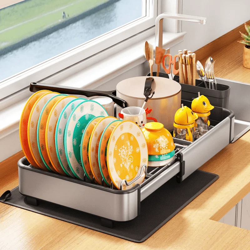 Сушилка для посуды, Кухонная стойка, сушилка для посуды с автоматическим сливом, расширяемая (от 14,8 до 22,2 дюйма) Нержавеющая Алюминиевая Большая Раковина Di . ' - ' . 1