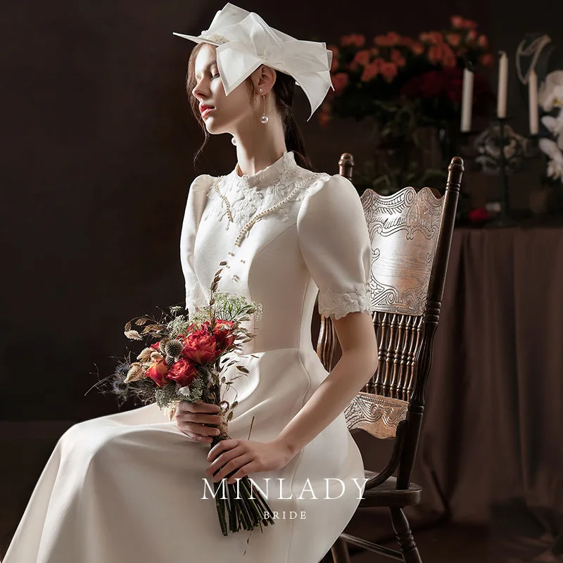 Элегантные Свадебные платья Из французского Атласа, Женское Вечернее платье в стиле Ретро с коротким рукавом Robe De Mariée . ' - ' . 1