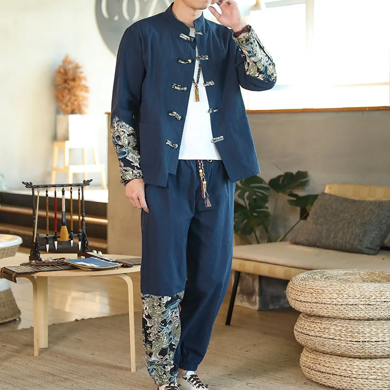 Традиционный китайский национальный костюм Sinicism, мужской хлопковый льняной костюм в стиле Тан, Мужская Свободная рубашка Со стоячим воротником, Куртка, Брюки . ' - ' . 1