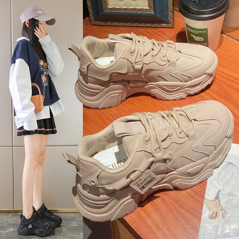 Корейская модная женская обувь на плоской платформе, кроссовки, однотонная повседневная женская обувь на шнуровке среднего размера (3-5 см), брендовая женская обувь . ' - ' . 1