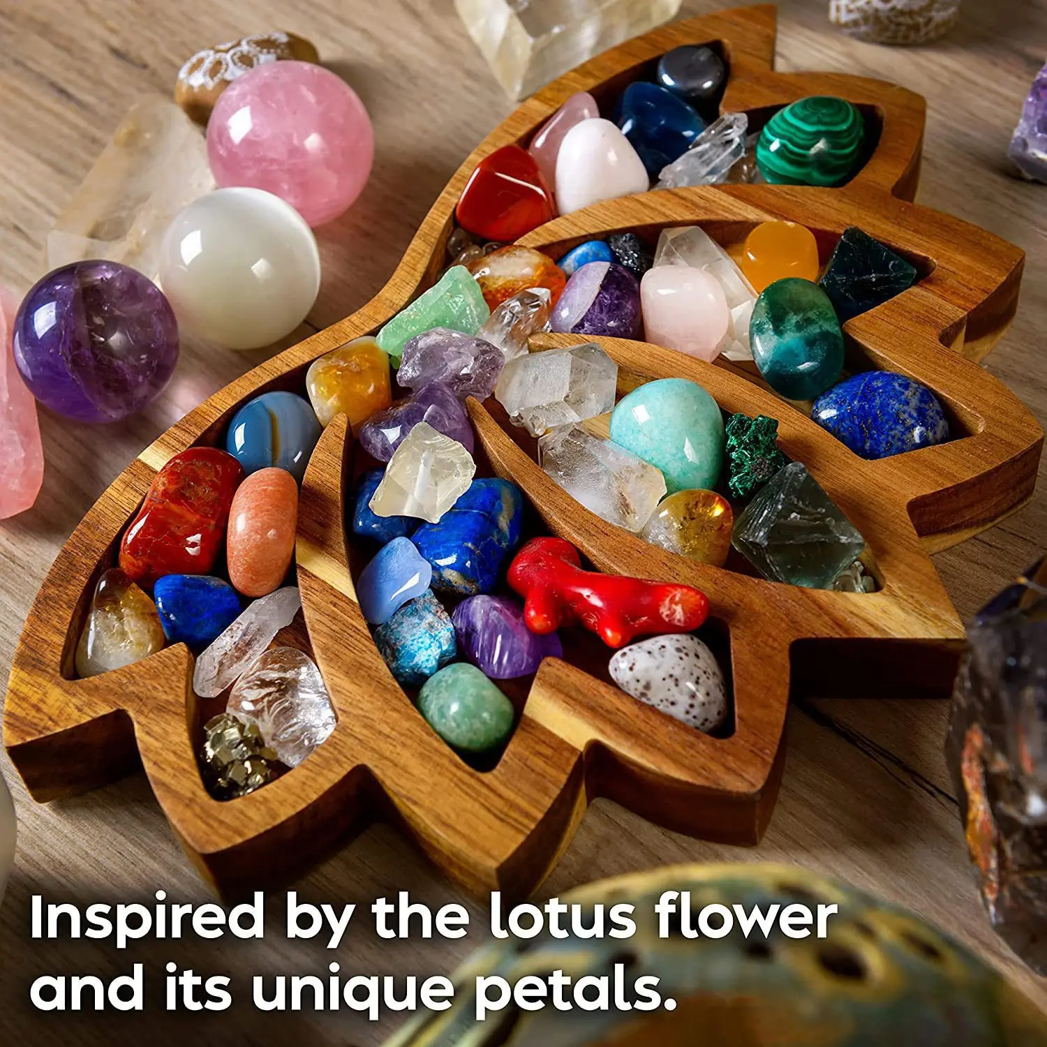 Изысканный деревянный поднос в форме лотоса для камней, демонстрирующий ваши кристаллы, камни или держатель для конфет-кристаллов для демонстрации подарков . ' - ' . 2