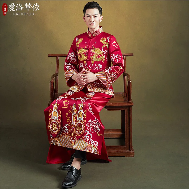 Мужской костюм в китайском стиле, Винтажный длинный халат с вышивкой дракона, свадебный жених, Восточный Ципао, одежда для тостов . ' - ' . 2