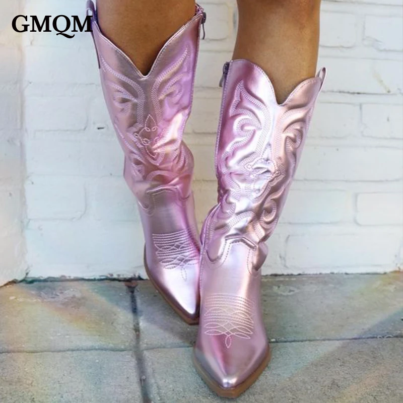 GMQM/ Ковбойские Розовые Ковбойские сапоги для женщин 2023, Модные Расшитые молнией Ботинки с острым носком на массивном каблуке до середины икры, блестящие ботинки в западном стиле . ' - ' . 2