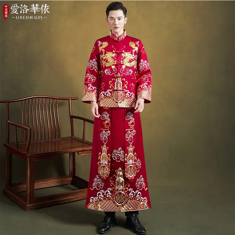 Мужской костюм в китайском стиле, Винтажный длинный халат с вышивкой дракона, свадебный жених, Восточный Ципао, одежда для тостов . ' - ' . 3