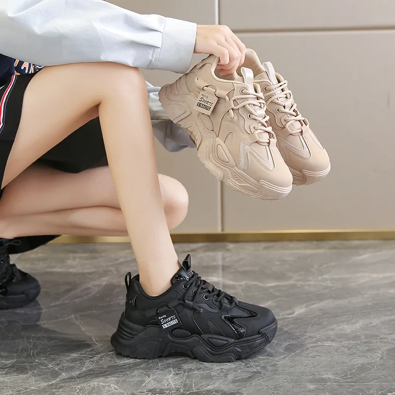 Корейская модная женская обувь на плоской платформе, кроссовки, однотонная повседневная женская обувь на шнуровке среднего размера (3-5 см), брендовая женская обувь . ' - ' . 3