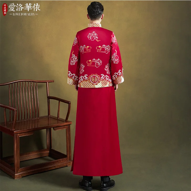 Мужской костюм в китайском стиле, Винтажный длинный халат с вышивкой дракона, свадебный жених, Восточный Ципао, одежда для тостов . ' - ' . 4