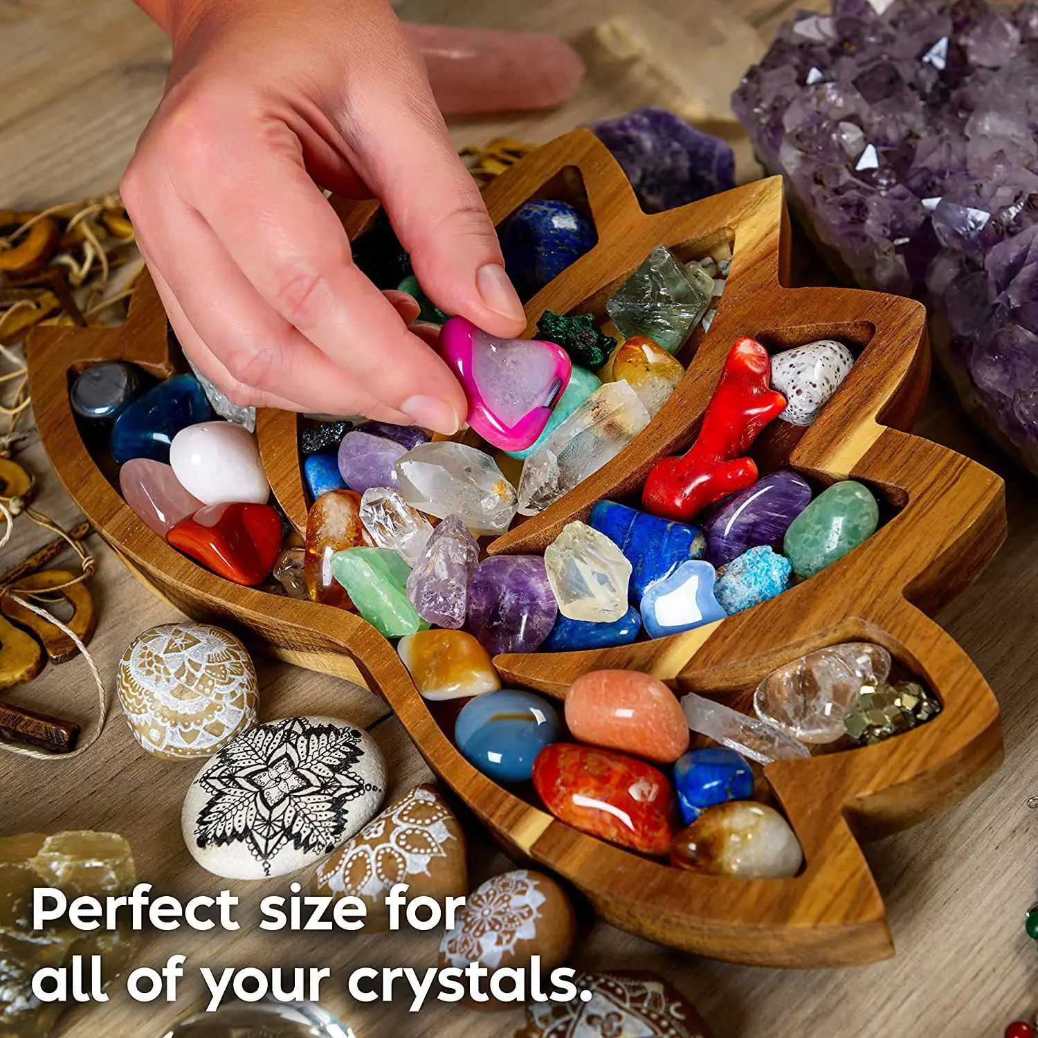 Изысканный деревянный поднос в форме лотоса для камней, демонстрирующий ваши кристаллы, камни или держатель для конфет-кристаллов для демонстрации подарков . ' - ' . 5
