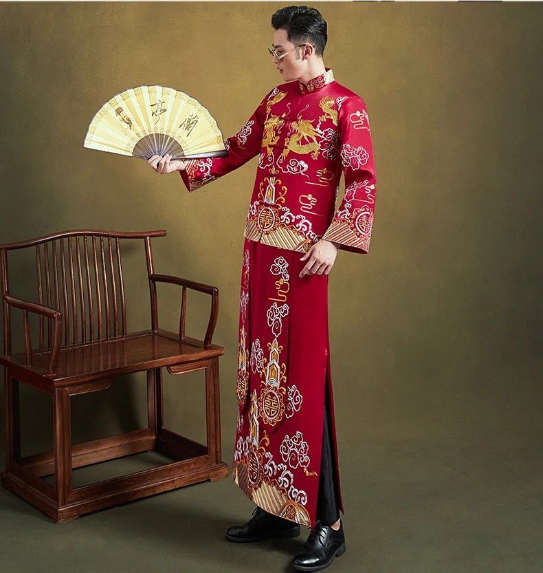 Мужской костюм в китайском стиле, Винтажный длинный халат с вышивкой дракона, свадебный жених, Восточный Ципао, одежда для тостов . ' - ' . 5